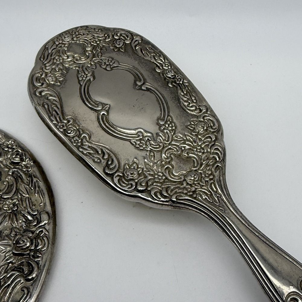 Vintage Silverplate Vanity Hand Mirror & Hair Brush Set Ornate Floral Repousse - Picture 4 of 8